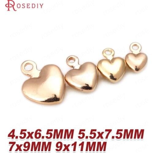 20PCS 4.5x6.5MM 5.5x7.5MM 7x9MM 9x11MM 24K Champagne Gold Color Plated Brass Heart Charms High Quality Diy Jewelry Accessories