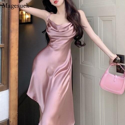Summer Satin Korean Style Pink Evening Sexy Dress Women Backless Party Midi Dress Female Adjustable Sling Elegant Dresses 15074