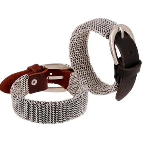 Fashion Punk Rock Alloy Chain Charms Genuine Leather Cuff Bracelet Belt Handmade Men Women Biker Bangle Wrap Wristbands Jewelry