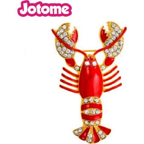 Fashion jewelry cute metal seafood pin enamel red rhinestone Lobster brooch/promotion cartoon red crystal Crayfish animal brooch