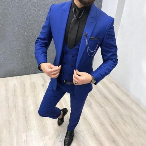 2020 Royal Blue Men Wedding Suits Two Buttons Slim Fit Peak Lapel Groomsmen Tuxedos Best Man (Jacket+Pants+Vest+Bow Tie)