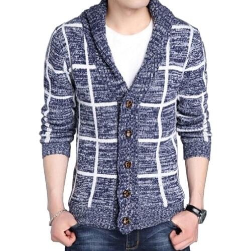 Autumn And Winter Korean-style New Style Mens Sweater Fashion Slim Fit Plaid Long-Sleeve Fold-down Collar Mens Knit Cardi