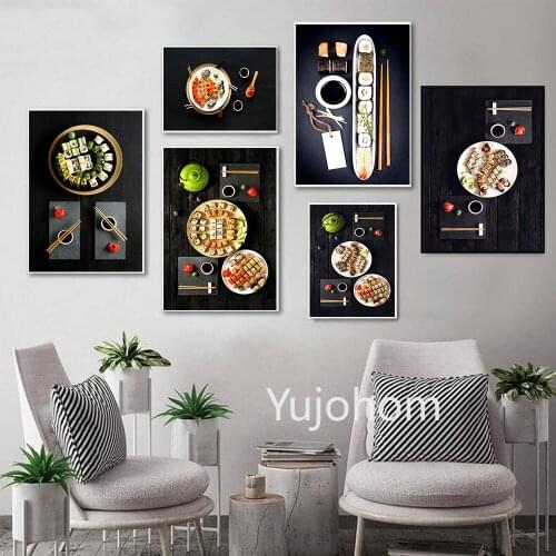 Appetizing Sushi Set Canvas Painting Deliciou Sushi In Black Background Wall Art Poster for Living Room Decor Restaurant Kitchen