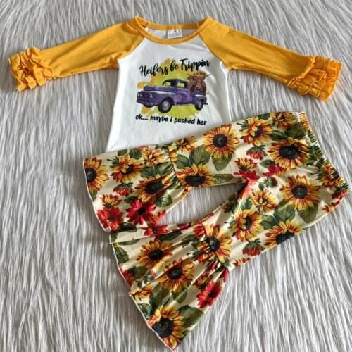 NO MOQ RTS Garments Factory Sale High Quality Baby Girls Winter Sunflower Boutique Outfit Children Girls Fall Clothing