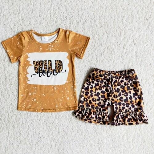 New Arrival For Kids Summer Fashion Clothes Baby Girl Short Sleeve Top And Ruffle Shorts Teenage High Quality Leopard Outfit