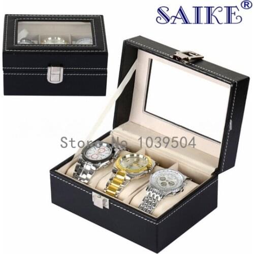 Free Shipping 3 Slots PU Leather Watch Organizer New Black Watches Storage Boxes Case Jewelry Holder Case