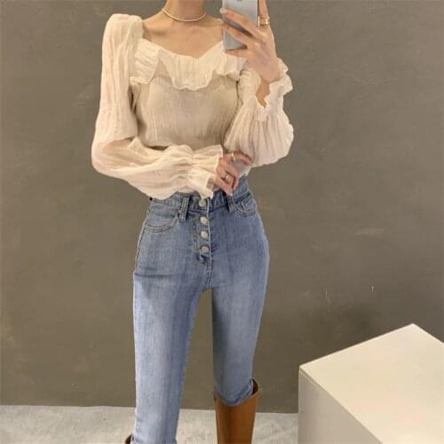 RUGOD 2021 spring new pure color temperament fashion square collar female shirt with wooden ears