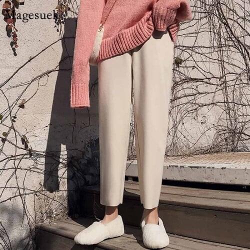 Loose Wide Leg Pants Solid Elastic Waist Trousers Autumn Winter Casual Thick Woolen Pants Women New High Waist Harem Pants 12113