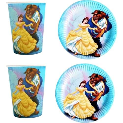 Beauty And The Beast Theme Dishes Glass Baby Shower Decorate Cups Plates Kids Favors Pet Birthday Party Tableware 60pcs/lot