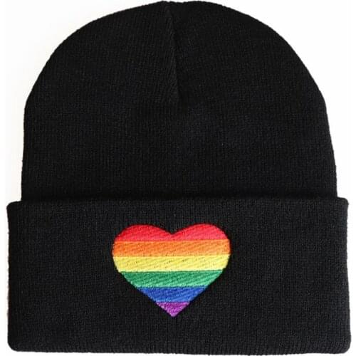 Unisex Rainbow Heart Embroidery Knitted Hat Winter Autumn Pride Beanie Cap