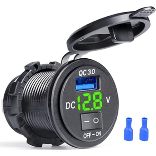 Universal 3.0 USB Car Charger Socket with ON-OFF Switch Digital Display Quick Charge USB Car Charger Socket Motorcycle Marine