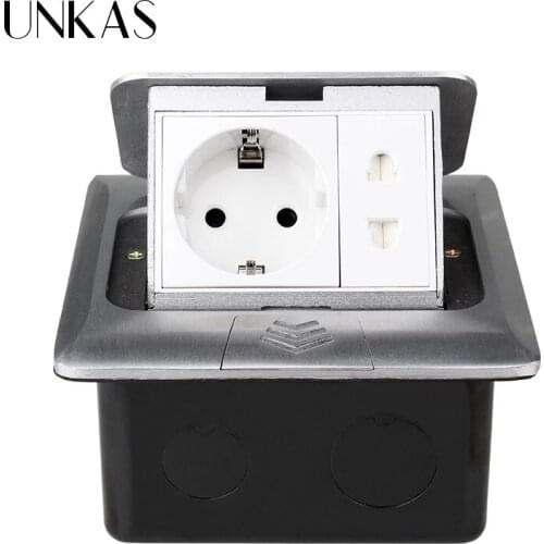 UNKAS Aluminum Silver Panel Pop Up French Dual USB Floor Russia Spain USA/Thailand Socket EU Table With Universal 2 Hole Outlet