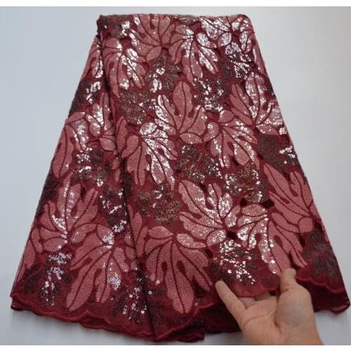 High quality sequence Swiss voile organza African french net embroidered sequins tulle mesh lace fabric wine for dresses TC7-23