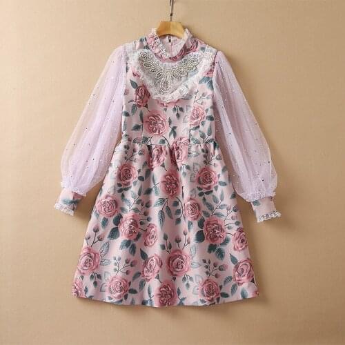 European and American womens wear new autumn 2022 Long sleeve lantern sleeve Bead stitching jacquard printing Fashion dress