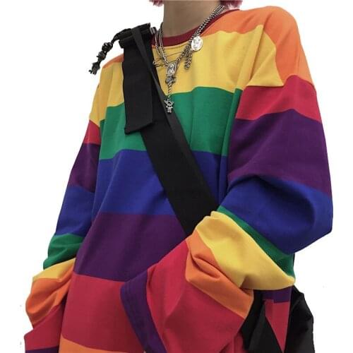 Rainbow Striped T-Shirts Women Harajuku Fashion Female Tops Long Sleeves Oversize Woman T Shirts O-Neck Casual Teenagers Clothes