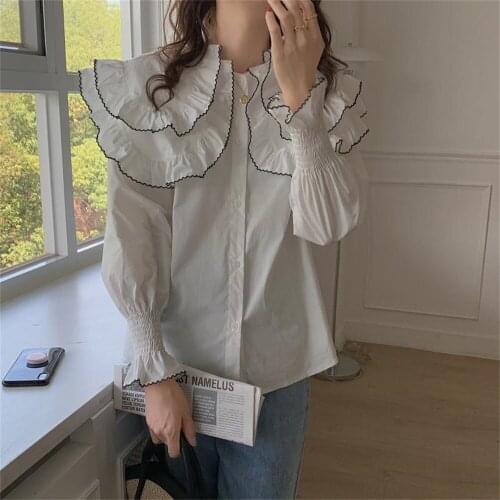 2021 Korea White New Design Elegant Shirts Ruffles Peter Pan Collar Preppy Style Hot Autumn Streetwear Women Tops
