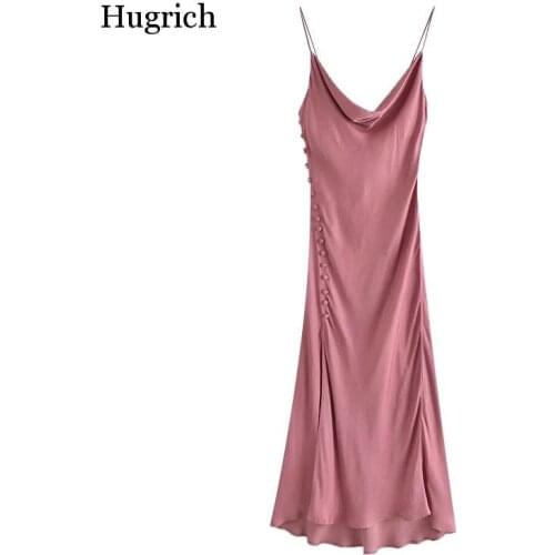 Women Chic Fashion With Buttons Side Slit Midi Camisole Dress Vintage Backless Thin Straps Female Dresses Mujer