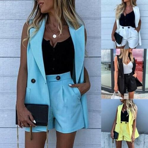 2021 Elegant Women Suit Set Solid Color Wide Leg Spring Summer Lapel Buttons Vest Pockets Shorts Ladies Blazer Coats for Office