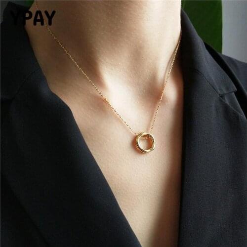 YPAY Pure 925 Sterling Silver Irregular Necklaces Korea Gold Openwork Round Pendant Necklace for Women Fine Jewelry Gift YMN150