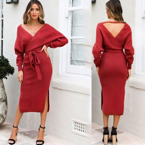 OmenS Knitted Dress Autumn Winter Sexy Long Dress Plus Size Vintage Elegant Sweater Dresses For Women 2021 Robe Femme Vestidos