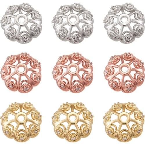 50pcs Mixed Color CZ Brass Micro Pave Cubic Zirconia Flower Bead Caps Cadmium Free & Nickel Free & Lead Free 11x5mm Hole: 1.5mm