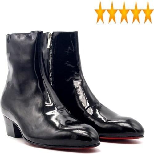 Heels Winter Runway New Med Men Pointed Toe Ankle Boots Italian Handmade Genuine Leather High Top Punk Zipper Motor Biker Shoes