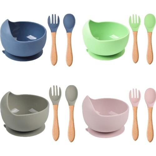 Suction Baby Bowl Spoon Fork silicone tableware Kids Wooden Handle silicone spoon bowl baby silicone Dinner Feeding Bowls Set