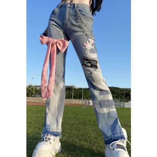 Y2k Japanese Harajuku Denim Pants Pink Bow Tie Skull Chains Slit Hot Girl Sweet Punk Student Skinny Slim Jeans Capris Pant Femme