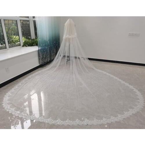 Sparkly Sequins Lace Wedding Veil with Comb Two Layers Ivory White Tulle Bridal Veils for Brides 2T Cathedral Long 3 5 metres