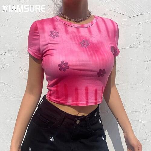 IAMSURE Floral Sequined Tie Dye Printed T Shirt Women Casual Sweet Short Sleeve Tees Cute O-Neck Crop Top Women 2021 Fashion Y2K