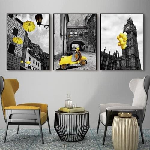 European and American Ins Style Canvas Painting, Decorative Painting, Yellow Electric Car, Balloon, Umbrella, Gray Painting Core