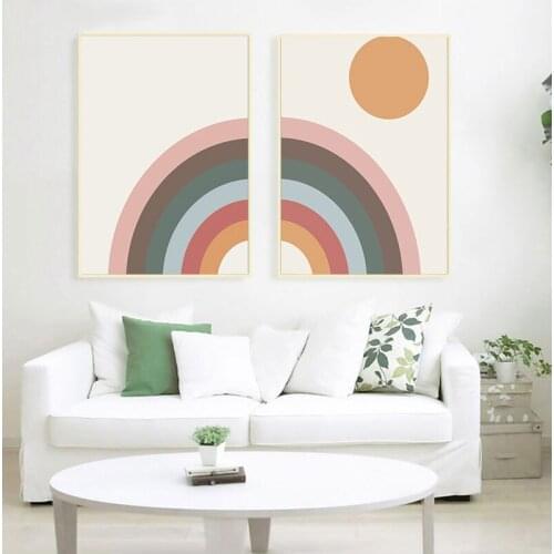Mid Century Rainbow Art Canvas Painting Prints Minimalist Rainbow & Sun Poster Retro Scandinavian Nursery Wall Art Decor