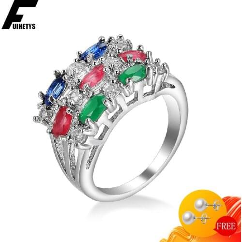 BaliJelry Trendy Women Ring 925 Silver Jewelry Colorful Topaz Zircon Gemstones Finger Rings Accessories for Wedding Engagement
