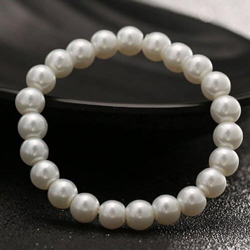 2Pcs 8mm Faux Pearls Elastic Bracelet Classic Simple White Round Pearl Beaded Stretch Bracelets Women Fashion Jewelry