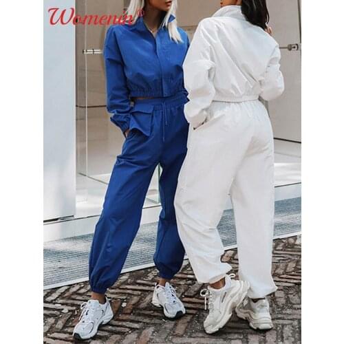 Women Pants Tracksuit Suit Solid Jacket Top Set Crop Jackets Zipper And Pocket Loose Sweatpants 2021 Autumn Winter Female Suits