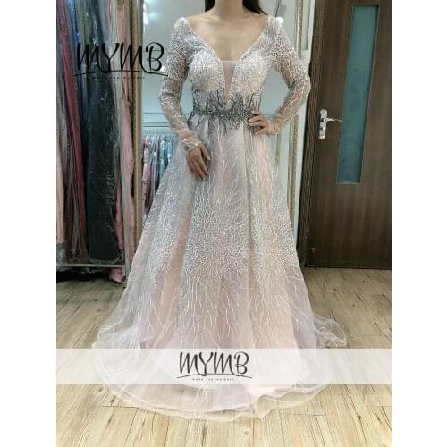 Beautiful Long Sleeve Plunging Neckline Backless Lace Evening Dress Puffy A Line Wedding Party Dress For Mother MY81104