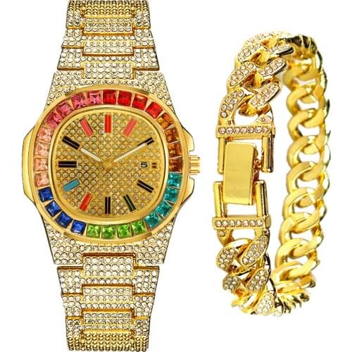 2pcs Cuban Bracelet + Iced Out Watch for Women Men Quartz Wrist Watches Fashion Luxury Bling Gold Diamond Couple Watch Set Clock