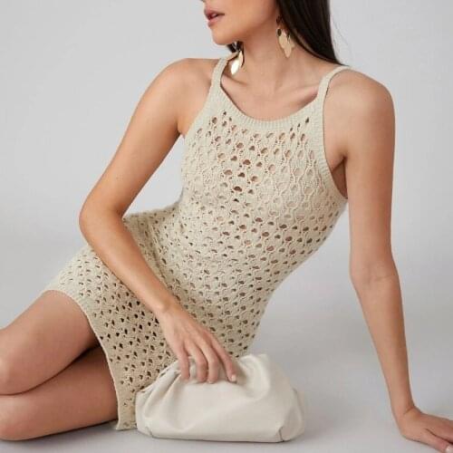 Summer Sexy Hollow Suspender Skirt Knitted Perspective Womens Mini Dress Tight Buttocks Ladies Short Skirt Beachwear -40