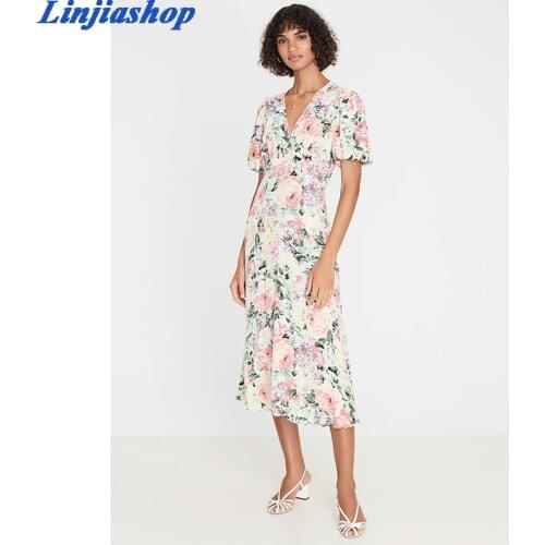 Fashion summer dress v neck short sleeves slim zipper chic floral print midi dress women femme vestidos