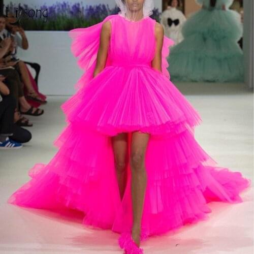 Trendy Chic Hot Pink High Low Tulle Prom Gowns Fashion Mesh Tulle Women Dresses To New Yow Birthday Party