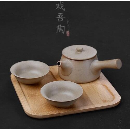 One pot two cups portable tea set rough pottery Japanese side handle personal office cup teaware black glazed teapot bamboo tray