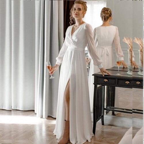 Elegant Wedding Dress 2021 A-Line Side Slit V-Neck Lantern Long Sleeve Pleat Bow Sashes Zipper Bridal Gown Vestidos De Noiva