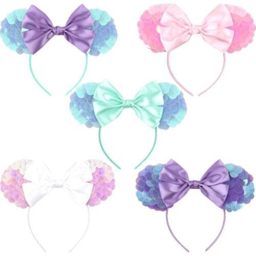 10pcs/Lot Fashion Glitter Sequins Mouse Ears Bow Headband Girls Mermaid Hairband Kids Hair Accessories Princess Party Headwear