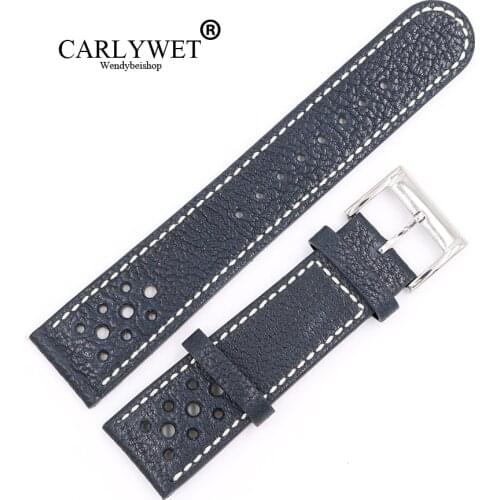 CARLYWET 22mm Wholesale Dark Blue Real Leather Handmade Replacement Thick Vintage Wrist Watch Band Strap For CITIZEN Omega Mido