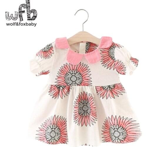 Retail 0-3 years short-sleeves girl dress children summer round neck print sunflower