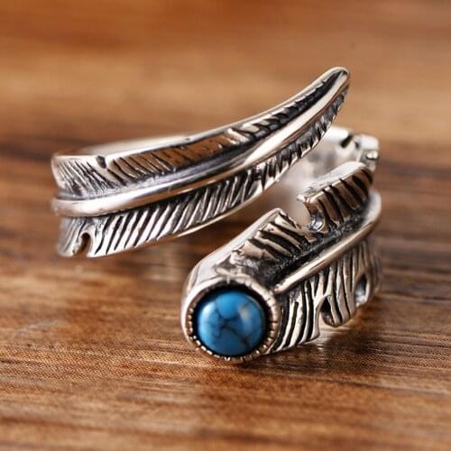 SA SILVERAGE Thai Silver Luxury Jewelry 925 Sterling Silver Feather RING 925 Sterling Silver with Artificial Turquoise Leaves
