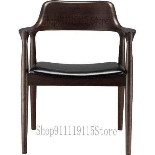 Nordic Solid Wood Dining Chair Modern Simple Fraxinus Hiroshima Chair Casual Restaurant Leather Chair Armrest Room Chair