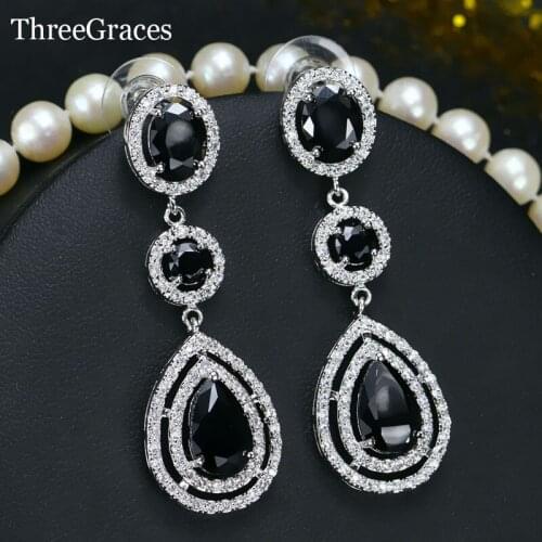 ThreeGraces Top Quality American Women CZ Jewelry Cubic Zirconia Long Black Crystal Dangle Earrings For Wedding Bouquets ER019