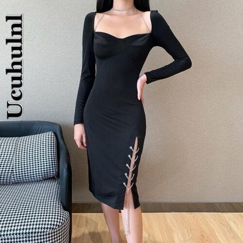 Ucuhulnl Womans Dark Style Elegant Nightclub Little Black Dress Was Thin Split Dress Punk Metal Ornament Long Skirt