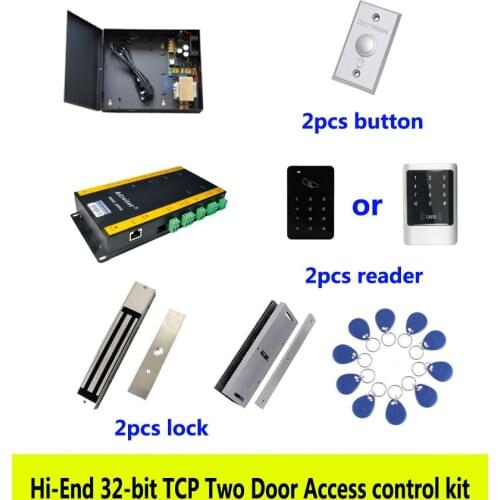 Hi-end access control kit,TCP two door+power+280kg magnetic lock+U-bracket+ID touch keypad reader+button+10 ID tag,sn:kit-AT207